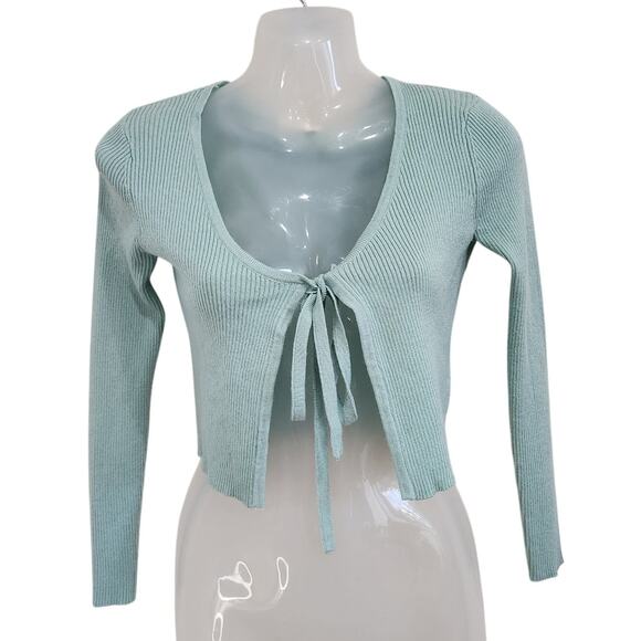 Twine & String Tie Front Crop Cardigan Sweater Ribbed Knit Mint Green Size XS - Picture 1 of 9